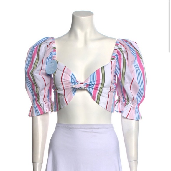 NWT HILL HOUSE | The Isabella Top Rainbow Stripe Puff Sleeve Tie Front Top Sz M - Picture 3 of 4